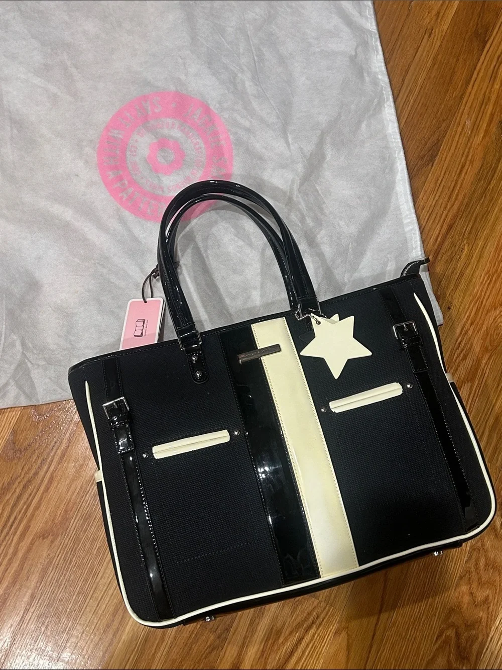 Jackie Smith Black and Cream Paneled Tote with Star Charm new with tags bag